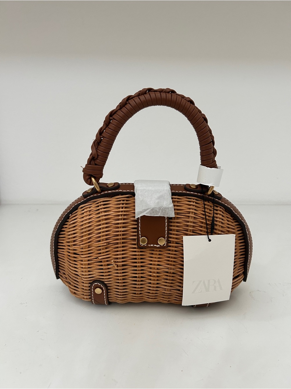 Zara Woven Rattan Top-Handle Bag with Brown Trim and Gold Hardware - Picture 4 of 5